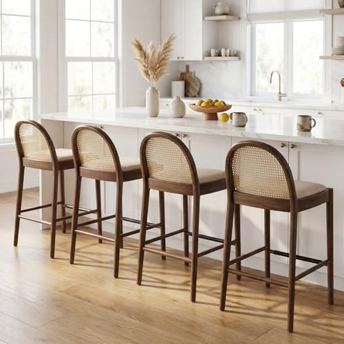 HEAH-YO Rattan Counter Stools Set of 4, 30 Inches Counter Height Bar Stools with Woven Back, Upholstered Linen Fabric Counter Height Chair for Kitchen Island, Walnut Color | Amazon (US)