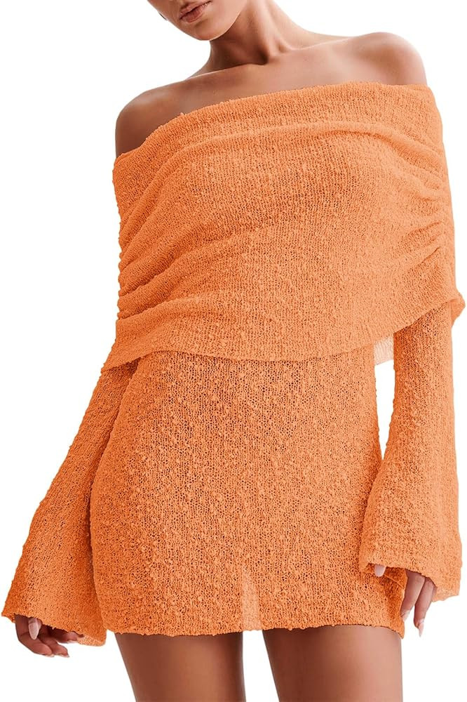 Imily Bela Womens Beach Swimsuit Cover Ups Summer Off The Shoulder Long Bell Sleeve Sheer Mini Dr... | Amazon (US)