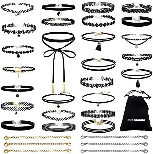 PAXCOO 32 PCS Choker Necklaces Set Including 26 Pcs Black Choker Necklaces and 6 Pcs Extender Cha... | Amazon (US)