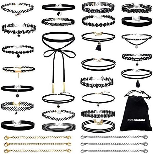 PAXCOO 32 PCS Choker Necklaces Set Including 26 Pcs Black Choker Necklaces and 6 Pcs Extender Cha... | Amazon (US)