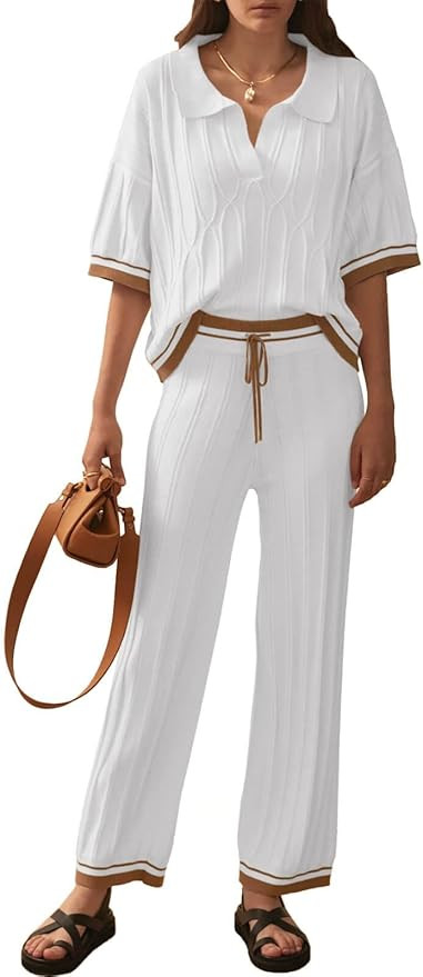 Tankaneo Women's 2 Piece Knit Lounge Sets Short Sleeve Sweater Lapel V Neck Tops Wide Leg Pants T... | Amazon (US)
