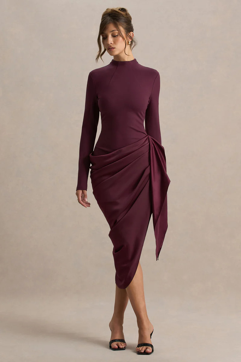 Raffie  Plum Long-Sleeve Midi Dress With Satin Wrap Skirt | Club L London