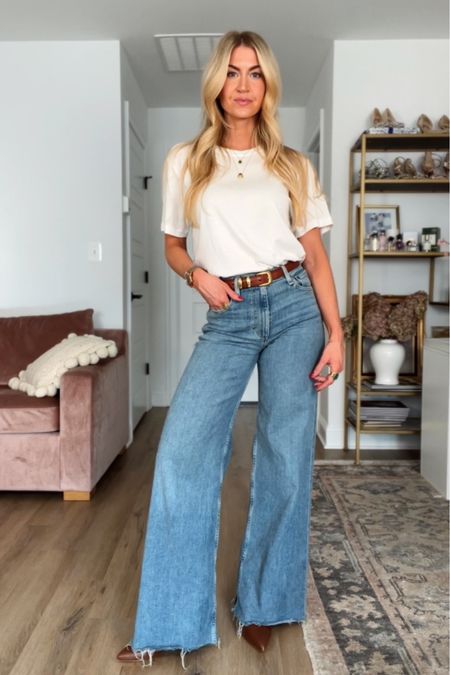 Styling wide leg denim with an oversized white tee 

#LTKbeauty #LTKstyletip #LTKSeasonal