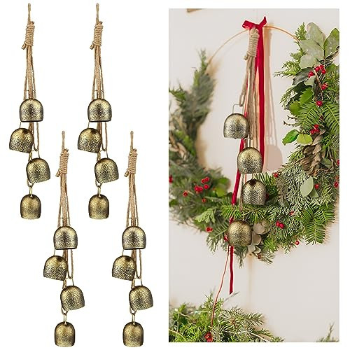 4 Sets Christmas Bells Rustic Hanging Bell with Rope Cow Bells Iron Wrought Bell Chime 4 Relaxing Tranquil Wind Chimes Gold Vintage Metal Outdoor Harmony Bells for Xmas Decoration, 14 Inch Length | Amazon (US)