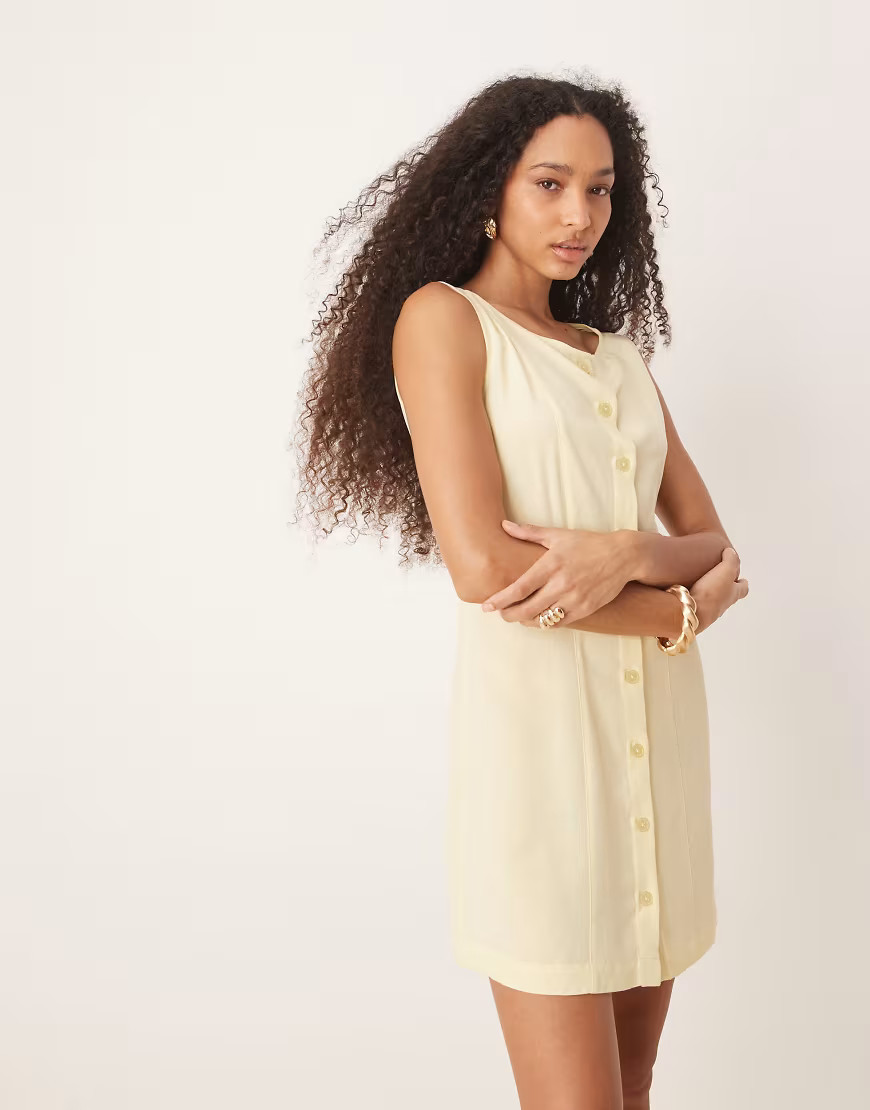 ASOS DESIGN linen blend button though mini dress in buttermilk-Yellow | ASOS (Global)
