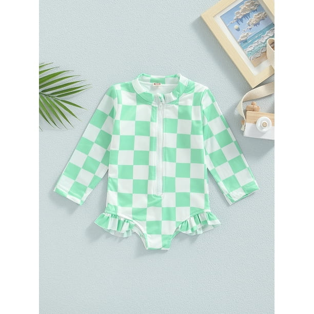 Arvbitana Toddler Baby Girls One Piece Rush Guard Swimsuit Checkerboard Printed Long Sleeve Ruffl... | Walmart (US)