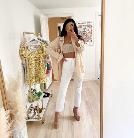 Casual but still dressy weekend summer outfit — white denim jeans (27), crop top (small), and gauze button up top (medium) with the cutest clear wedge sandals 

#LTKFind #LTKunder50 #LTKstyletip