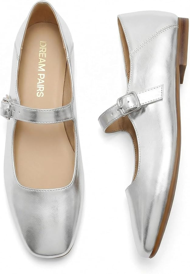 DREAM PAIRS Women's Silver Square Toe Mary Jane Flats: Comfortable Casual Slip On Dress Shoes wit... | Amazon (US)