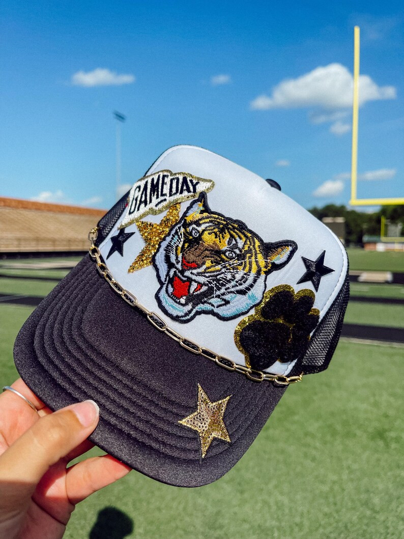 Tiger Game Day Hat, Football Trucker Hat With Chain, Patch Trucker Hat, Black & Gold Hat. - Etsy | Etsy (US)