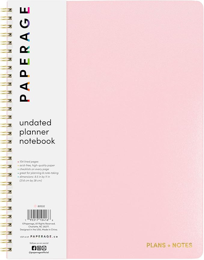 PAPERAGE Undated Daily Planner & To Do List Notepad (Blush), 8.5 in x 11 in, Spiral Bound Planner... | Amazon (US)