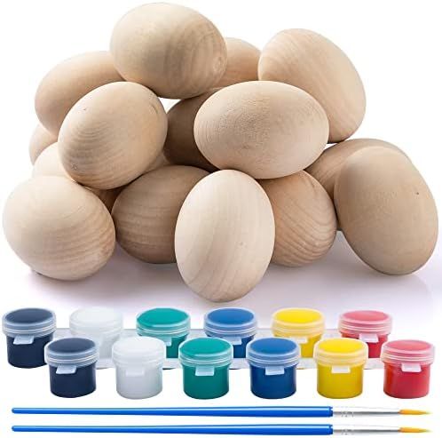 JOYIN 18 Pcs 2.36" Easter Eggs Painting Kit Easter White Wooden Eggs Fake Eggs with Brushes and Pain | Amazon (US)