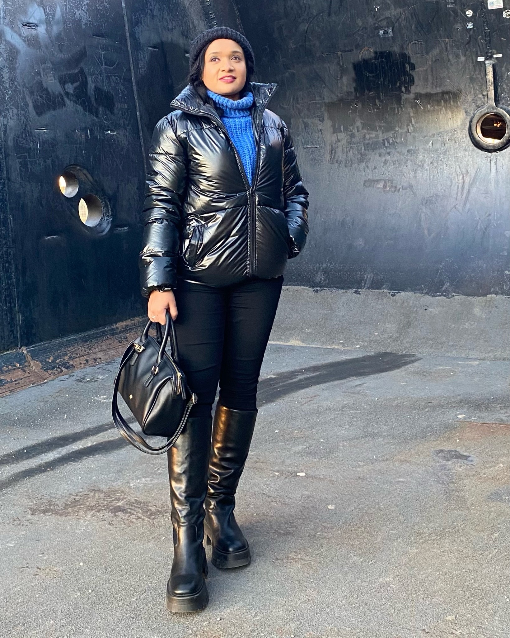 A chic all fall/pre-winter look
Black jacket, blue turtleneck sweater, black denim jeans, black long knee-high boots, black beanie, black tote bag

#LTKstyletip #LTKtravel #LTKSeasonal