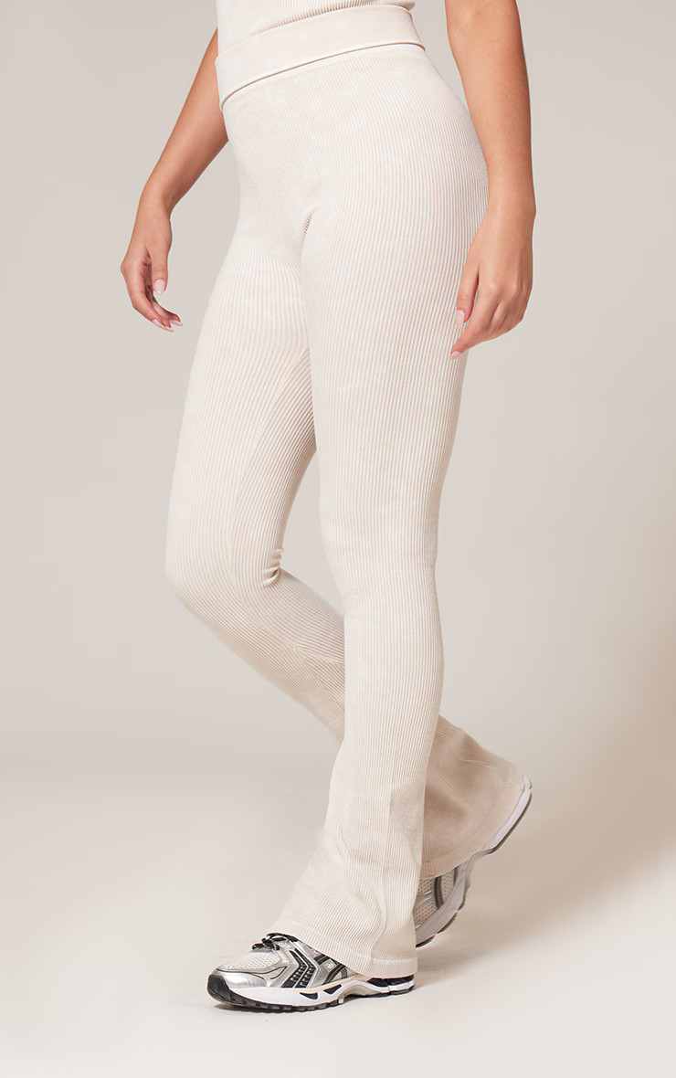 Cream Faded Snatched Rib Flared Folded Waist Pants | PrettyLittleThing US