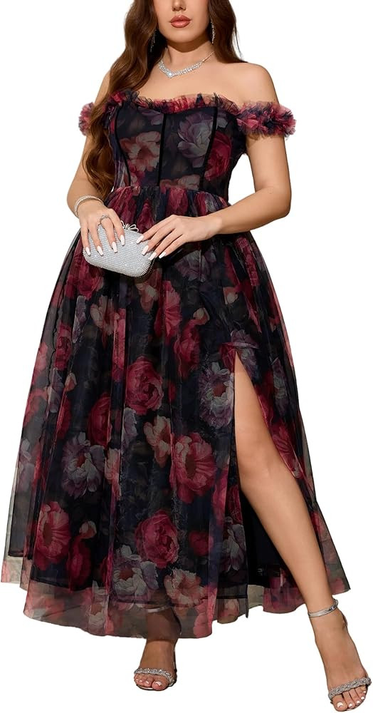 Women's Plus Size Formal Party Cocktail Dress, Wedding Guest Evening Gown with Slit - Off Shoulde... | Amazon (US)