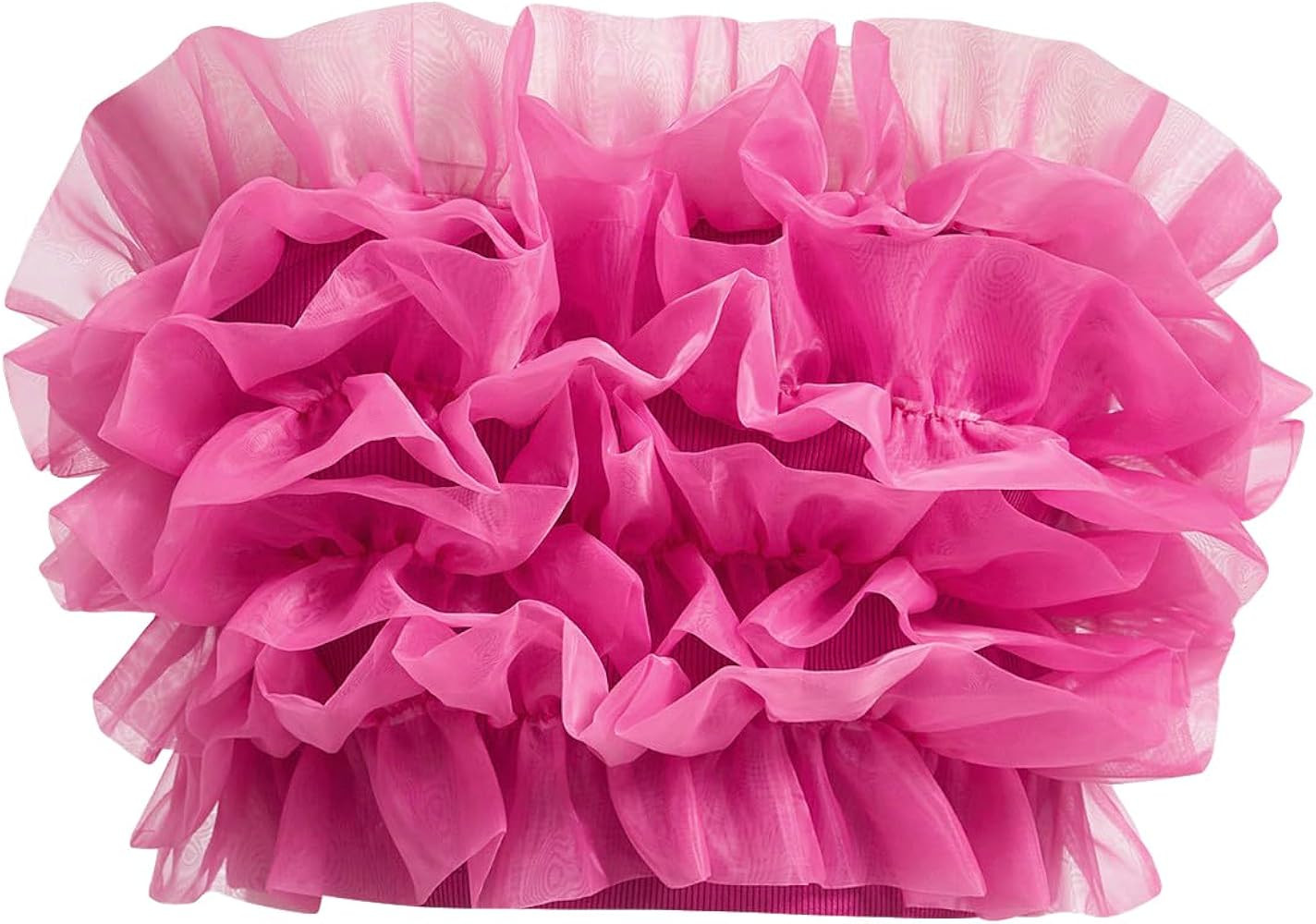 MakeMeChic Women's Ruffle Mesh Crop Tube Top Solid Cute Sleeveless Strapless Bandeau Tops | Amazon (US)