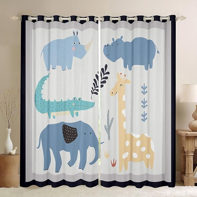 Kids Cartoon Animal Darkening Drapes (2 Panels, 38 x 54 Inch) Hippopotamus Elephant Giraffe Curta... | Amazon (US)