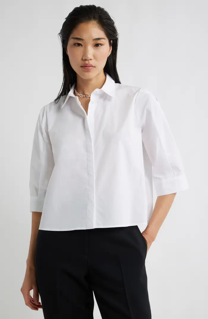 Crop Puff Sleeve Cotton Button-Up Shirt | Nordstrom