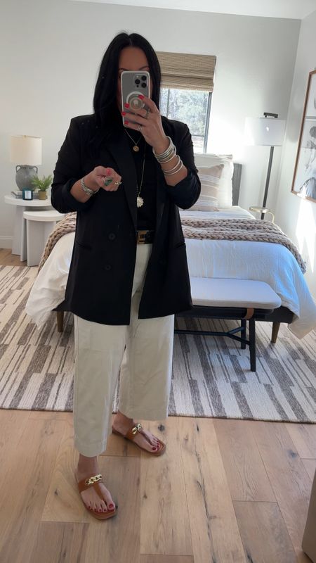 I love wide leg pants and a good black blazer! You will not believe the price of this outfit (including the shoes). All is very affordable and great quality! Blazer size medium (be sure to size down), t-shirt size large, pants size 10 (fits tts), shoes fit tts. 

#LTKworkwear #LTKover40 #LTKmidsize