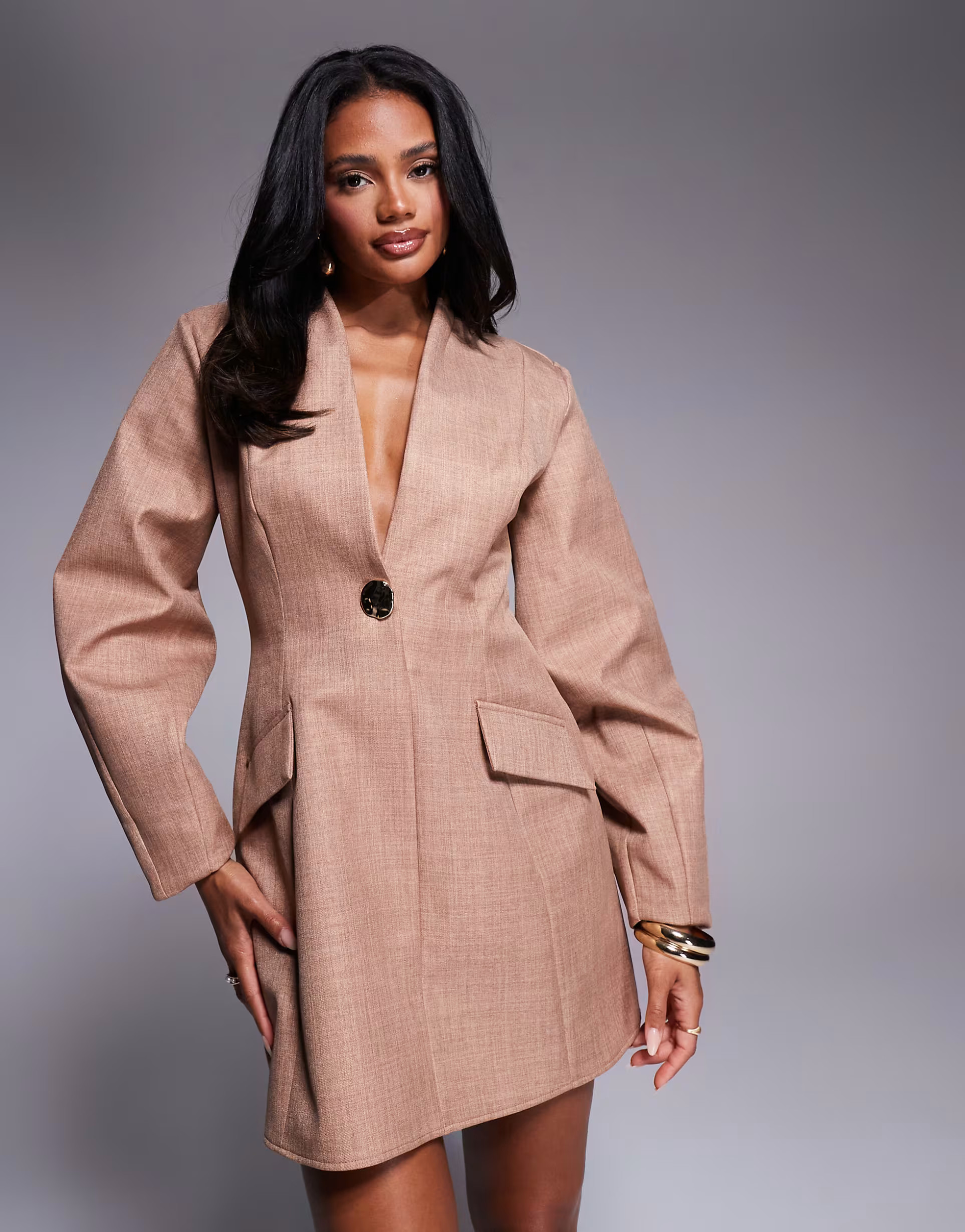 ASOS LUXE structured linen sculpted blazer dress in camel | ASOS (Global)