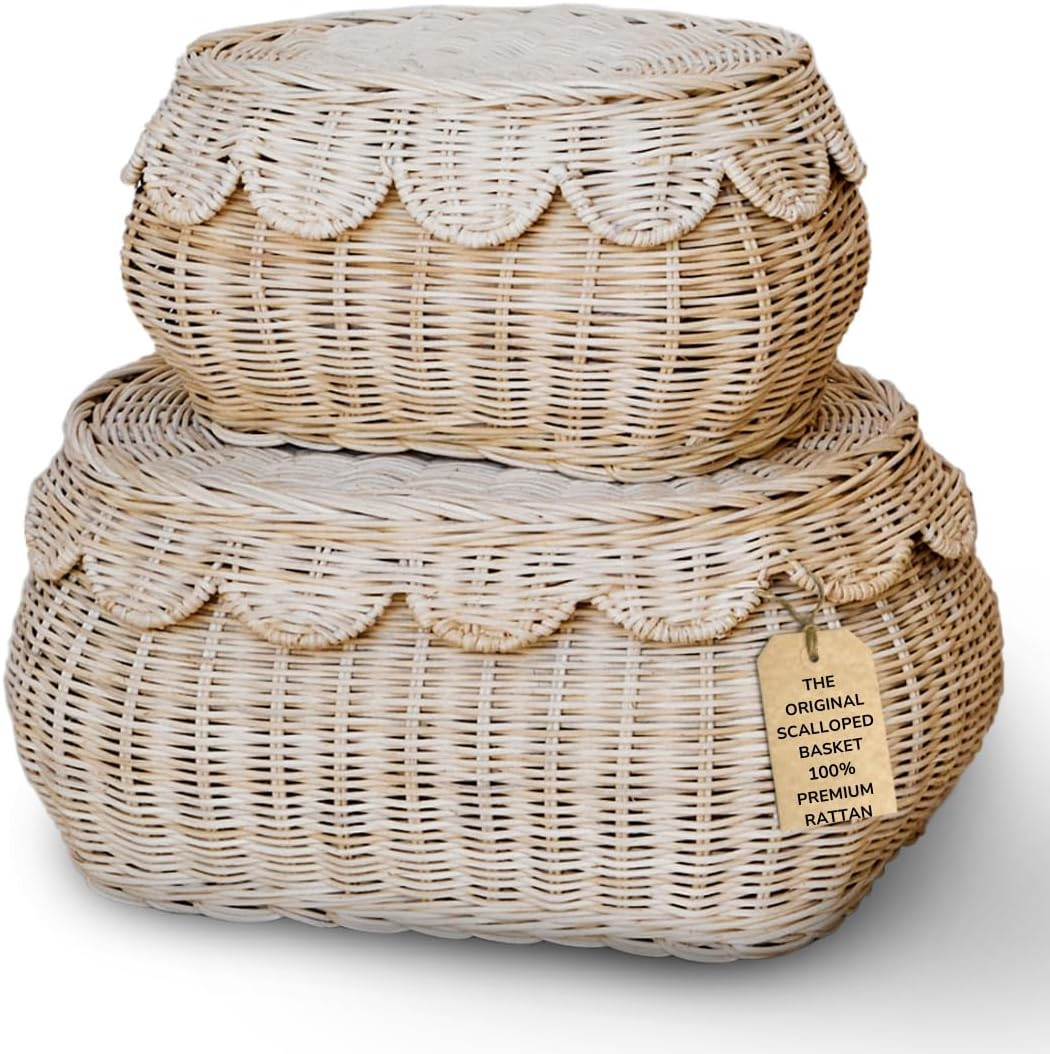 Hand Woven Rattan Basket Set - 15x10x6 Inch - Small Scalloped Baskets - Round Wicker Basket - Wic... | Amazon (US)