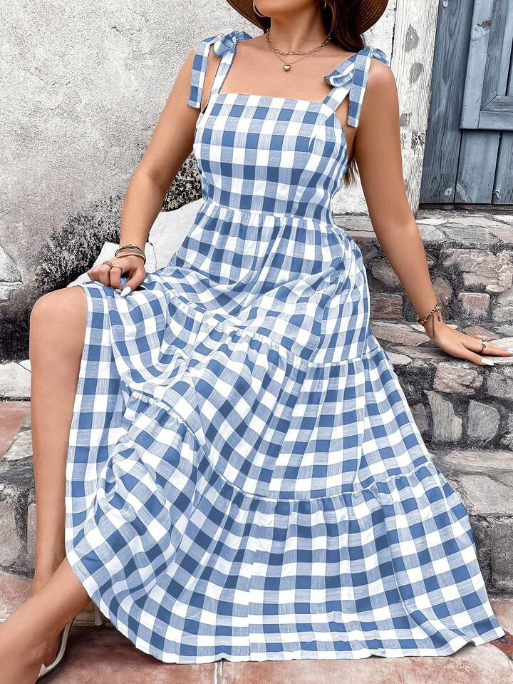 SHEIN VCAY Plus Size Women's Shoulder Knot Plaid Summer Dress | SHEIN