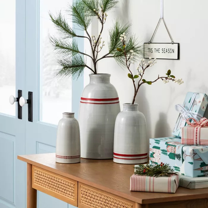 8" Dash Stripe Stoneware Decor Vase Red/Sour Cream - Hearth & Hand™ with Magnolia | Target