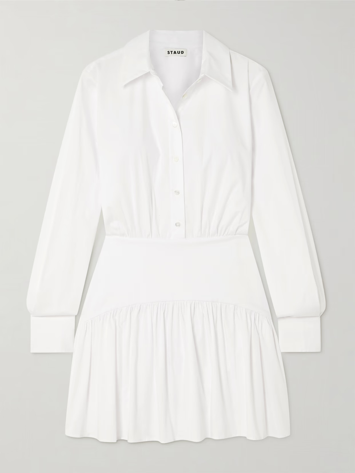 STAUD - Rocco Gathered Stretch-cotton Poplin Mini Shirt Dress - White | NET-A-PORTER (US)