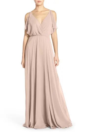 Women's Jenny Yoo Cassie Flutter Sleeve Chiffon A-Line Gown, Size 0 - Pink | Nordstrom