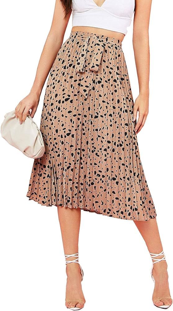 Floerns Women's Floral Printed Elastic Waist A Line Pleated Ruffle Midi Skirt | Amazon (US)