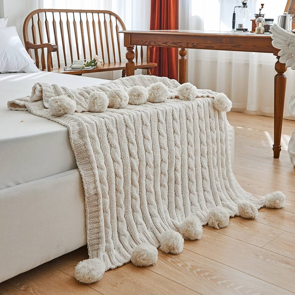 Chenille Chunky Knitted Throw Blanket with 14pcs Pom Poms Tassel Super Soft Cozy Warm Blanket for... | Amazon (US)