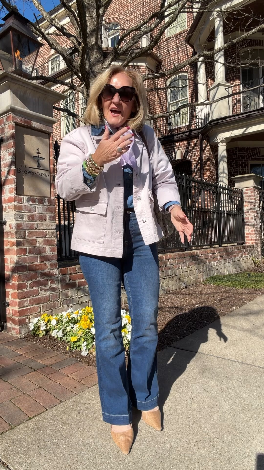 Today’s outfit and it was glorious. 
Spanx flares on sale 20% off with code LTKSPANX off it’s like wearing confidence! Pull on jeans. Some compression. Takes a shimmy to pull on  
Denim popover size medium petite 
Lilac jacket size medium petite
I size up 1/2 in the slingbacks 
Allie & Bess 20% off code NANETTE20

#LTKOver40 #LTKPetite #LTKSaleAlert