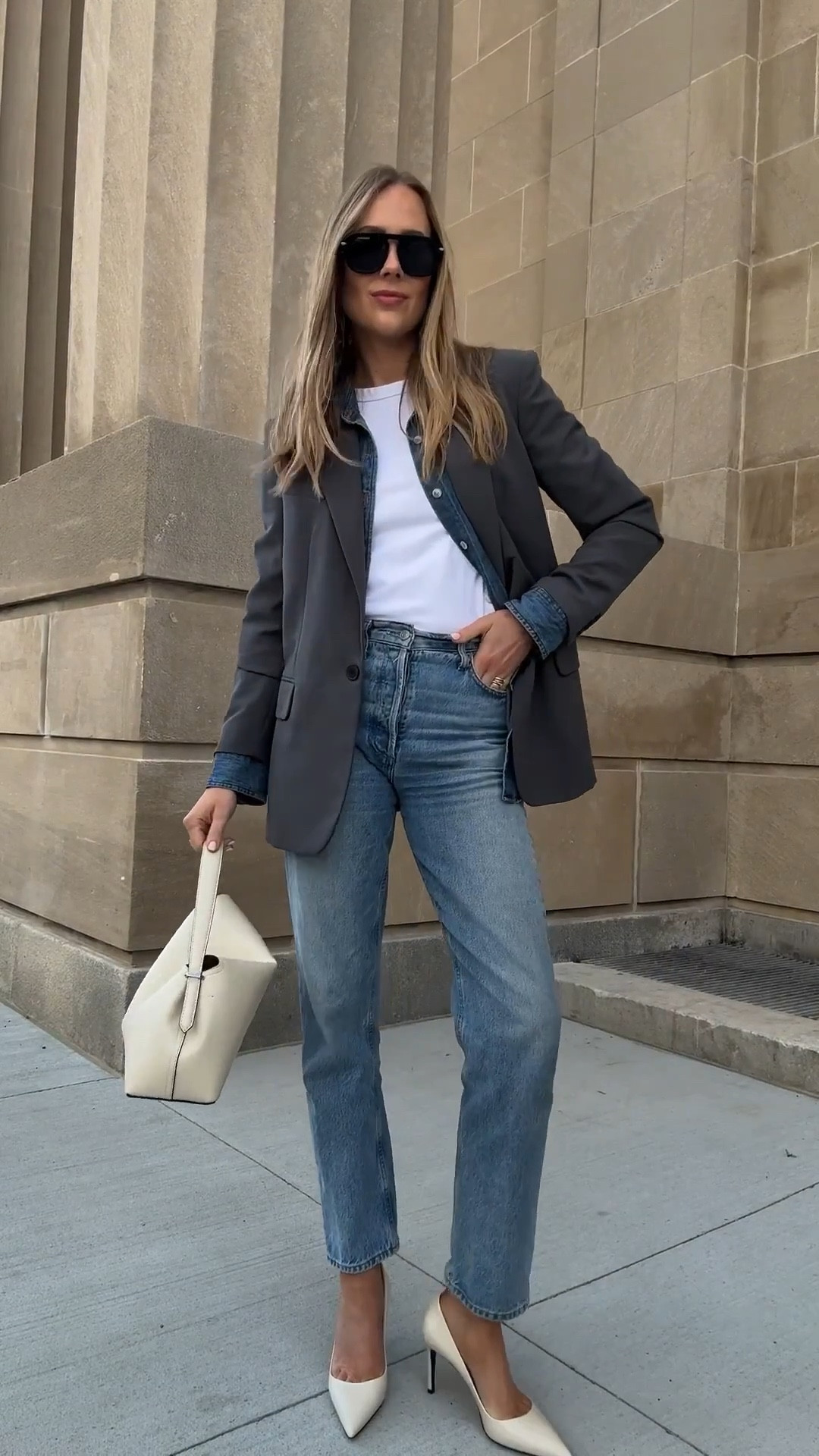 Fashion Jackson, grey blazer (small) white tshirt, denim shirt, straight leg jeans, white heels, spring outfit, business casual 

#LTKootd #LTKSeasonal #LTKOver40
