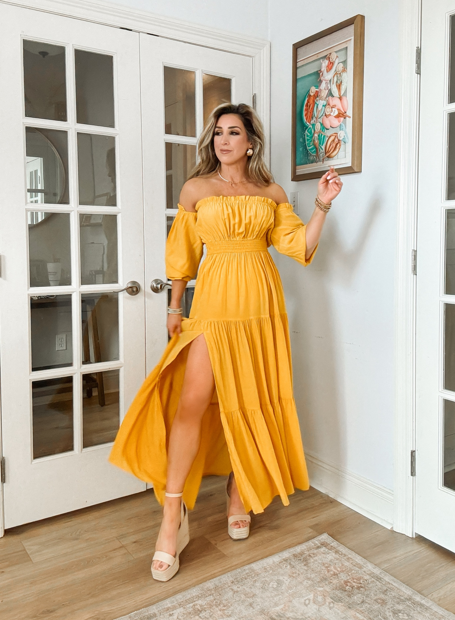 Summer dress, yellow maxi dress, sundress, summer outfit, wedges, sandals, midi dress with sleeves

#LTKOver40 #LTKWedding #LTKStyleTip