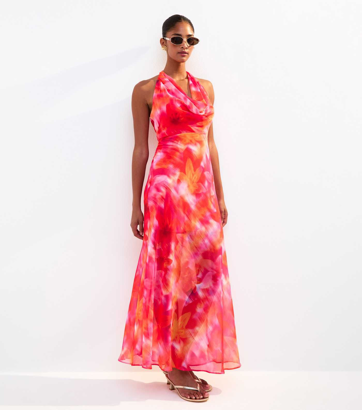 Orange Hibiscus Print Chiffon Halterneck Midi Dress | New Look | New Look (UK)