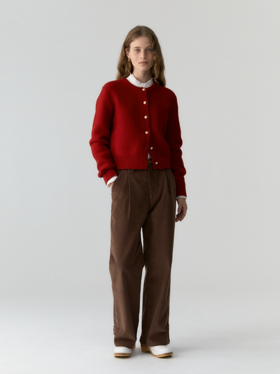 Gold Button Wool Cardigan - Red | W Concept (US)