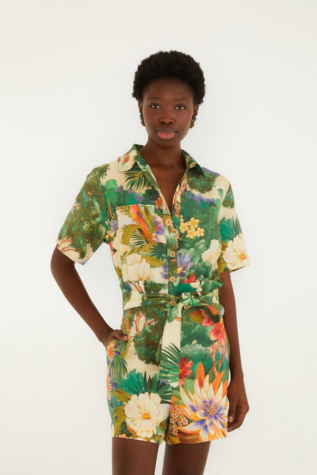 Multicolor Oriental Garden Lenzing Ecovero Euroflax Romper | FARM Rio | FarmRio (US)