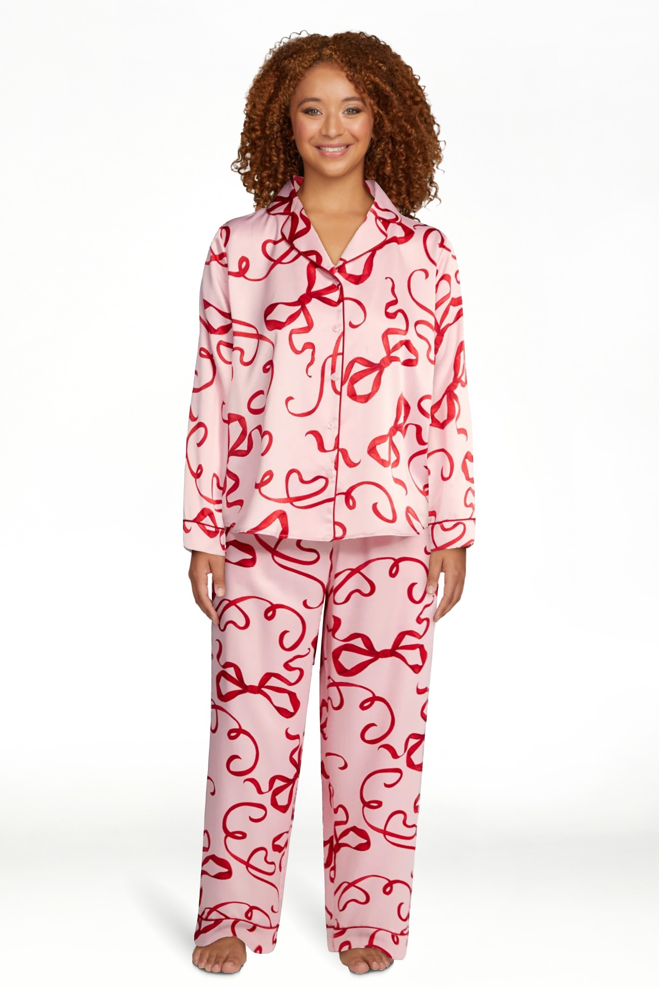 Joyspun Women’s Stretch Satin Notch Long Sleeve Top and Pants Pajama Set, 2-Piece, Sizes XS-3X | Walmart (US)