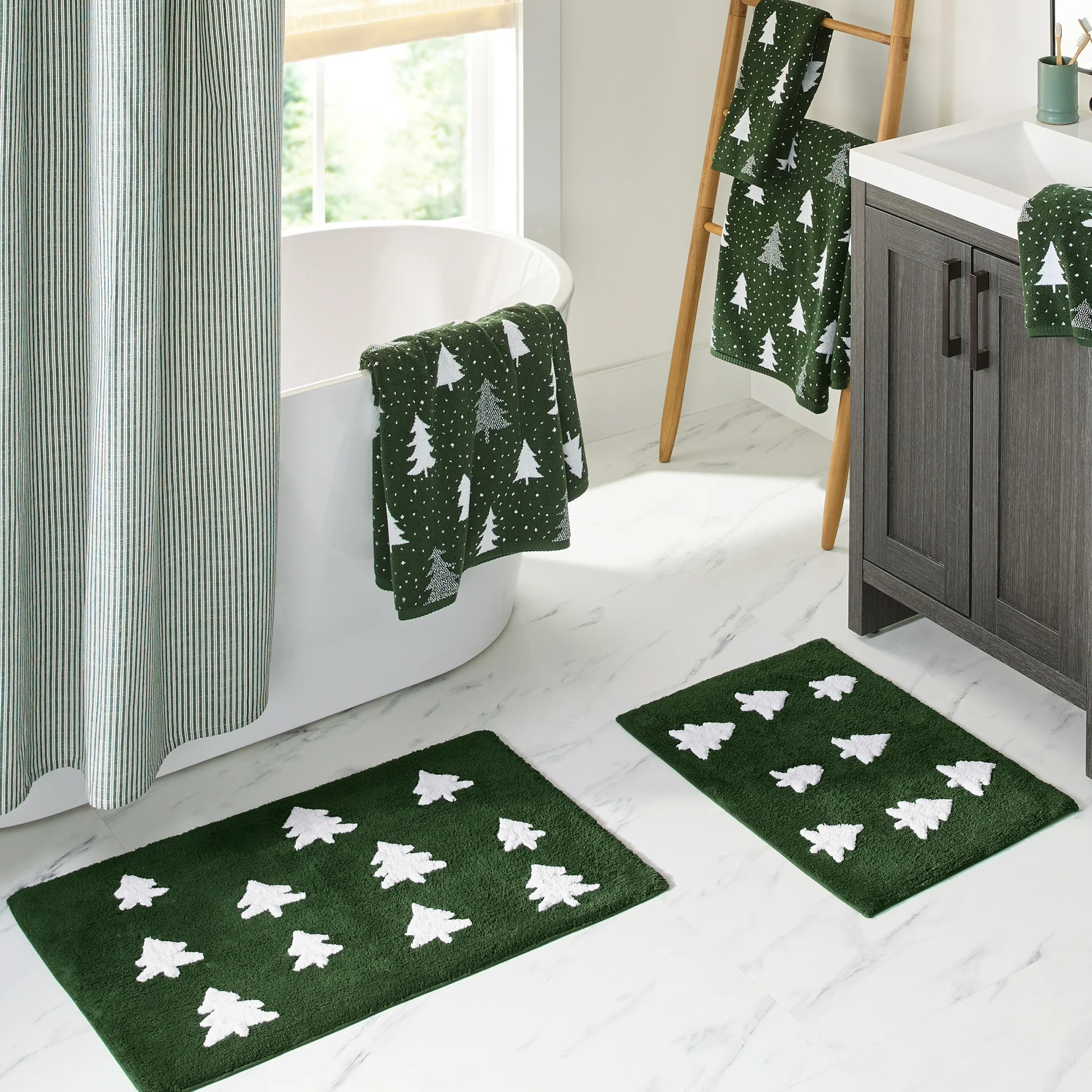 Better Homes & Gardens Cotton Wintery Trees 2 Piece Bath Rug Set, Green, 17" x 24" & 20" x 30" | Walmart (US)