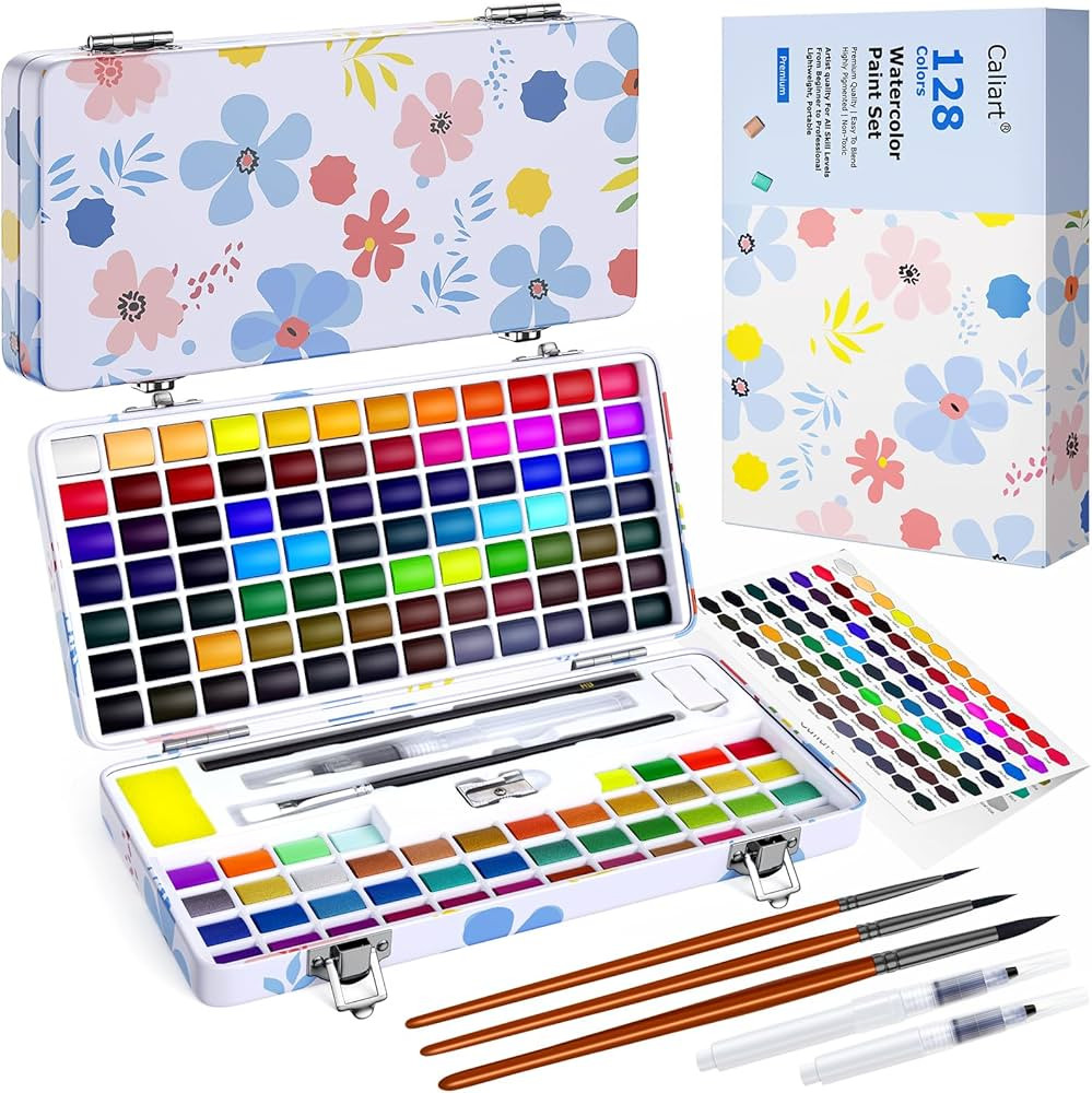 128 Colors Washable Watercolor Paint Set with 4 Brushes, Portable Travel Water Color Kit with Car... | Amazon (US)