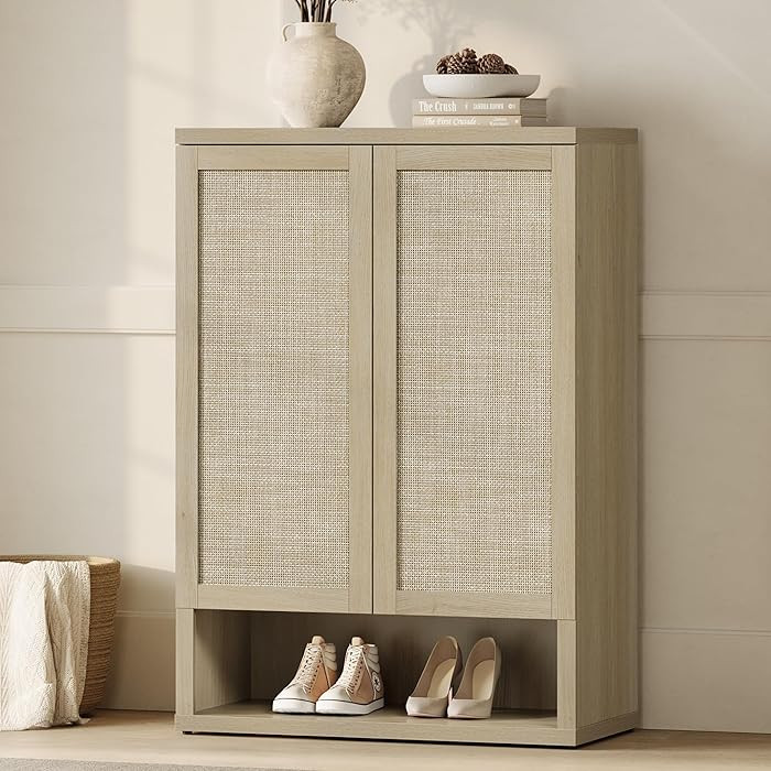 SICOTAS Rattan Shoe Cabinet, Large Shoe Storage Cabinet with Door and Adjustable Shelves, 44.5" T... | Amazon (US)