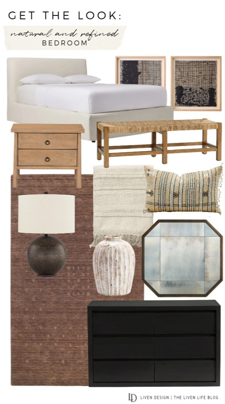 Natural refined bedroom. Home decor. Indian wool throw pillow. Upholstered bed. Woven wood bench. Nightstand. Neutral layered earthy bedroom. Textured art. Mirror. Dresser. Textured woven rug

#LTKSeasonal #LTKHome #LTKSaleAlert