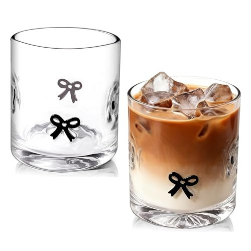 Sel Natural 2 Pcs Icon Glass Juice Cups Bow Icon Glasses 14oz Handblown Cocktail Glasses Aesthetic Drinking Glass Old Fashioned Iconic Glasses for Women Sister Friend Party (Black) | Amazon (US)