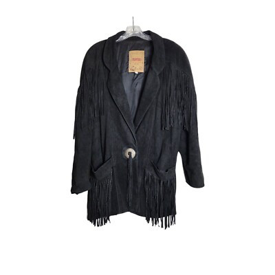 Vintage Frontier Fringe Suede Leather Black Jacket USA Made Womens Large  | eBay | eBay US