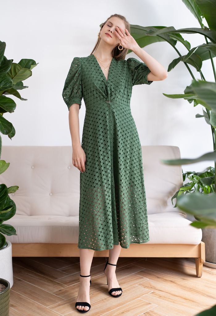 Twist V-Neck Buttoned Eyelet Dress in Green | Chicwish