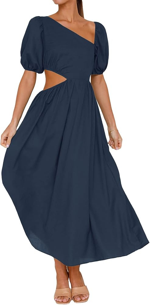 BTFBM Women Casual Short Sleeve Spring Summer Dresses Asymmetrical Neck High Waist Cutout Swing B... | Amazon (US)