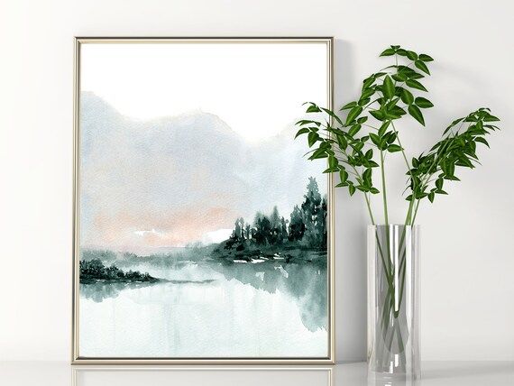 Hill Tree Lake Landscape Printable Wall Art Peaceful Scene instant Download DIY Print Watercolor ... | Etsy (US)