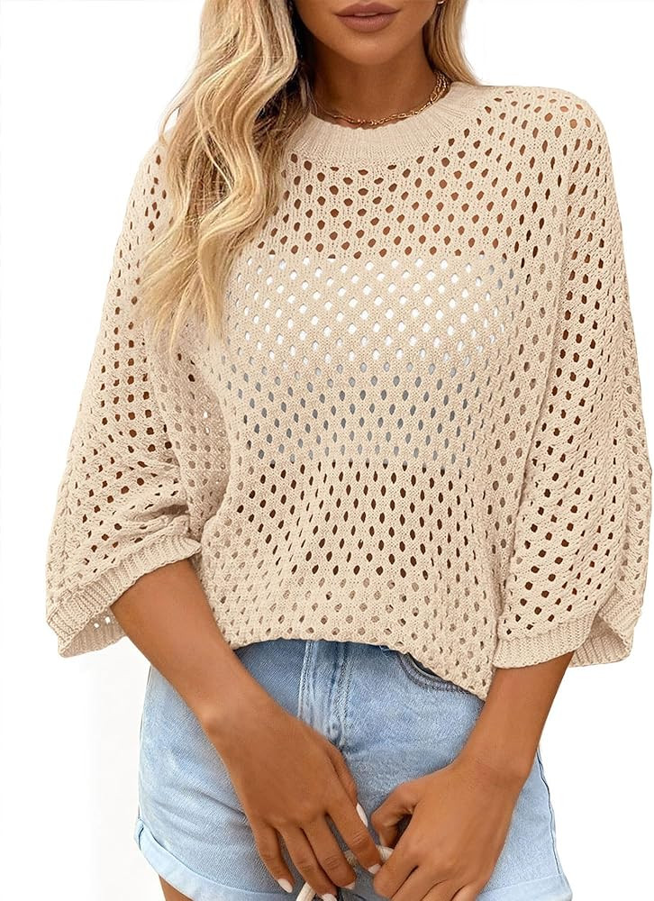 KIRUNDO Crochet Tops for Women Summer Hollow Out Batwing Sleeve Cover Up Cute Pullover Sweater Sh... | Amazon (US)