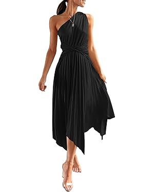 PRETTYGARDEN Women's Summer Long Satin Dress One Shoulder Sleeveless Ruched Twist Flowy Maxi Dres... | Amazon (US)