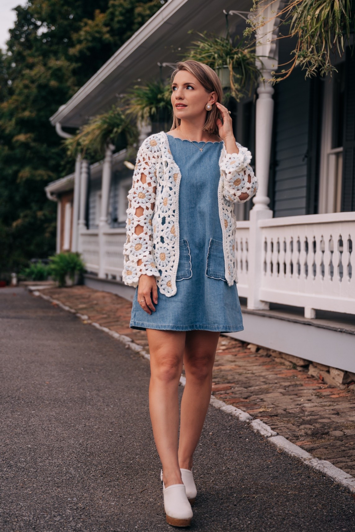 Crochet cardigan and denim scalloped mini dress