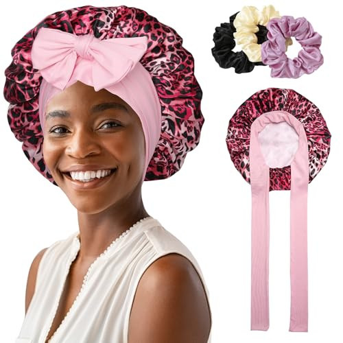 AWAYTR Satin Bonnet for Women Tie Band Hair Bonnet Large 2 Layered Silk Sleeping Cap Nightcap with 3PCS Hair Scrunchies (US, Alpha, One Size, Leoprad Print(Pink)) | Amazon (US)